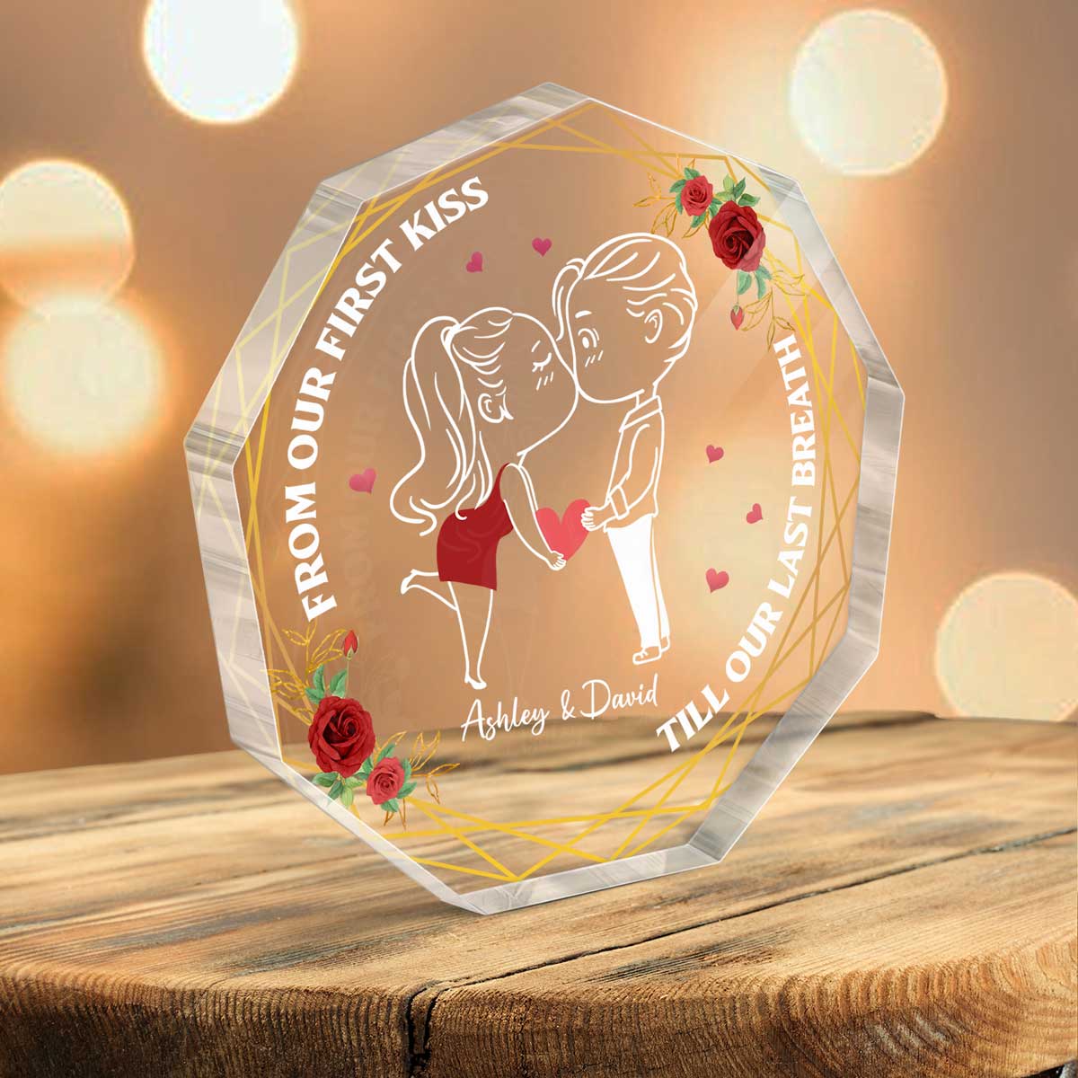 Chibi Couple Kissing Personalized Nonagon Acrylic Plaque - Gift For Him Gift For Her
