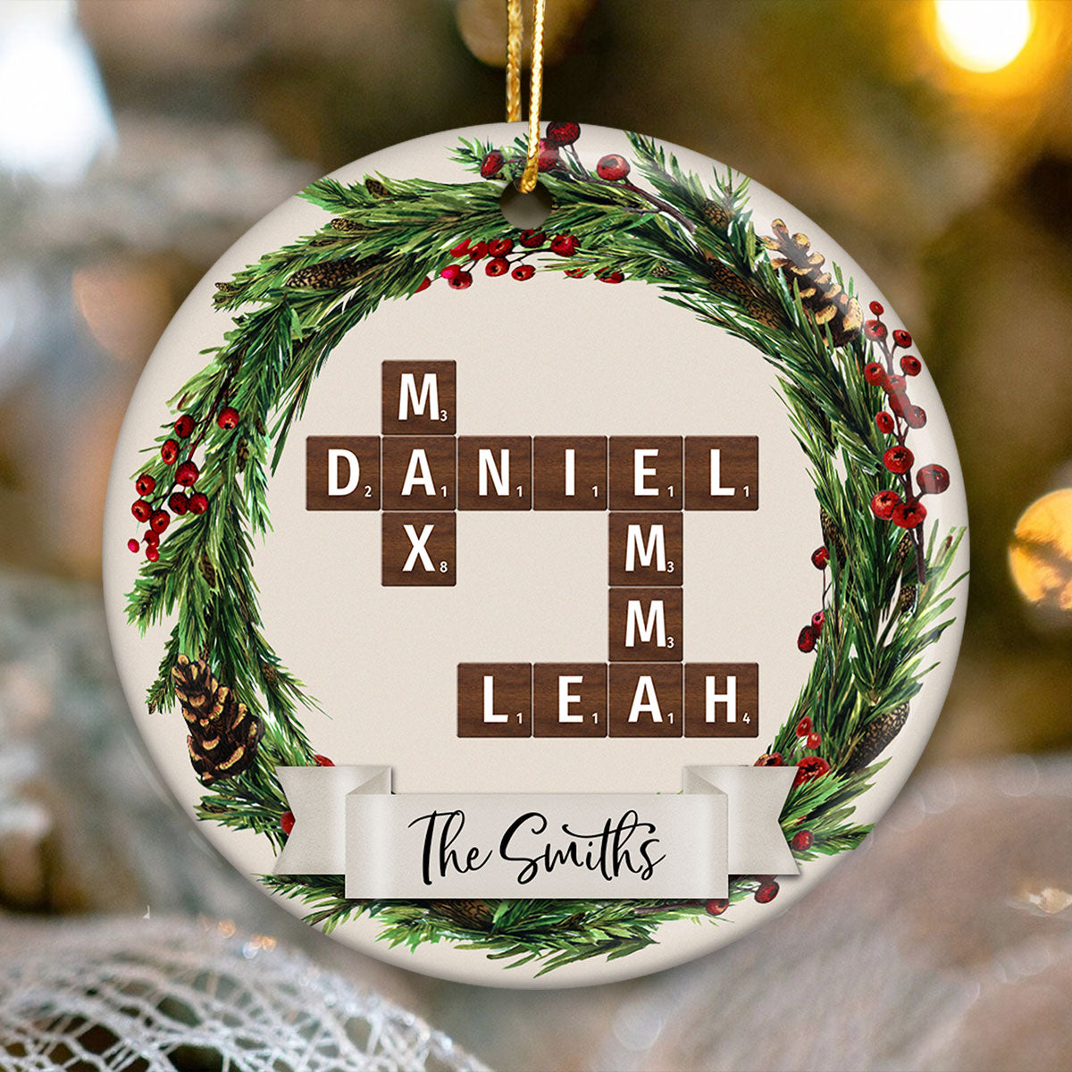 Family Wreath Crossword Puzzle Personalized Ceramic Ornament, Christmas Tree Decor, Christmas Gift for Husband, Wife, Children