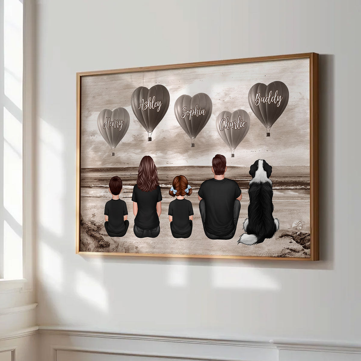 Personalized Family Sitting Back View Heart Air Balloons At Beach Poster, Gift for Family, Dad, Mom, Wife, Husband