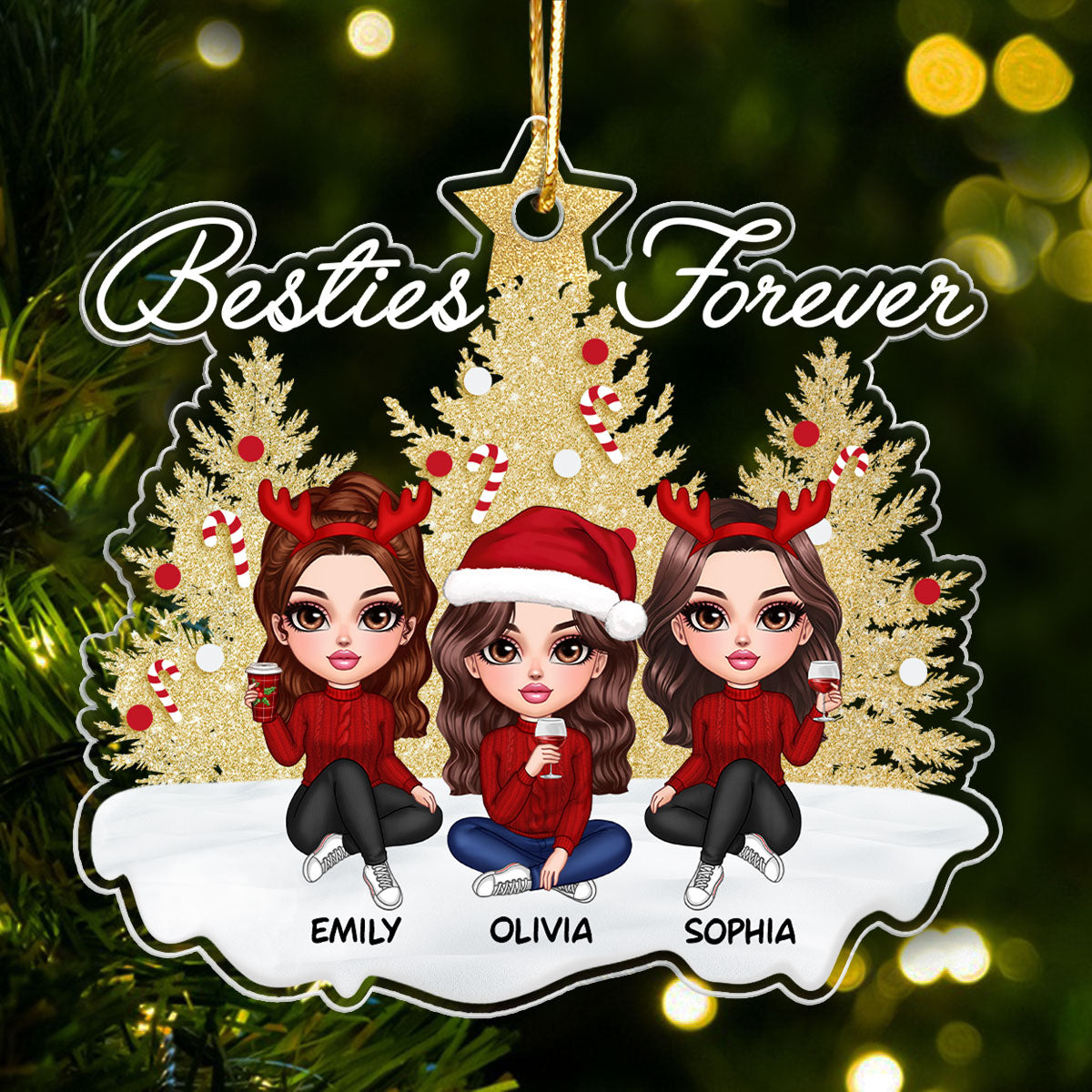 Sparkling Christmas Tree Besties Forever Personalized Acrylic Ornament, Christmas Gift For Best Friends