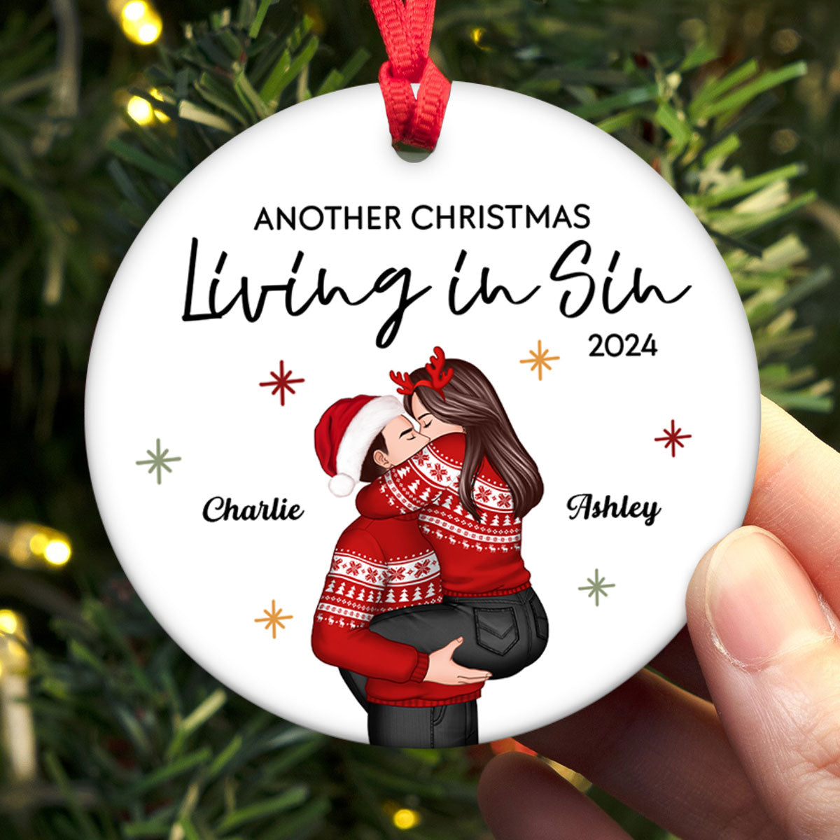 Couple Another Year Living In Sin Christmas Personalized Ceramic Ornament, Funny Christmas Gift for Couple