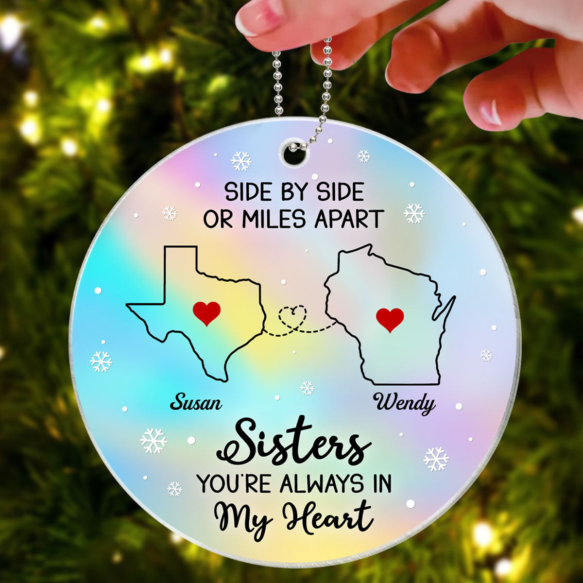 Long Distance Hologram Patterned Family Friends Siblings Sisters Besties Personalized Acrylic Ornament, Togetherness Christmas Gift