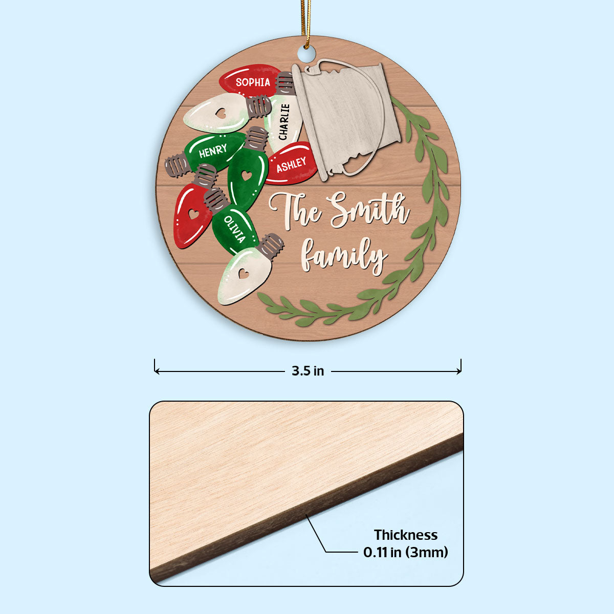 Christmas Light Family Personalized Wooden Ornament