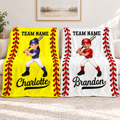 Baseball Softball Boy Girl Custom Name And Team Name - Personalized Fleece Blanket - Christmas Gift For Baseball Players, Grandson, Son, Granddaughter, Daughter
