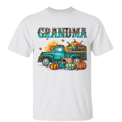 Fall Season Grandma Mom Teal And Leopard Patterned Pumpkins Truck Personalized Shirt