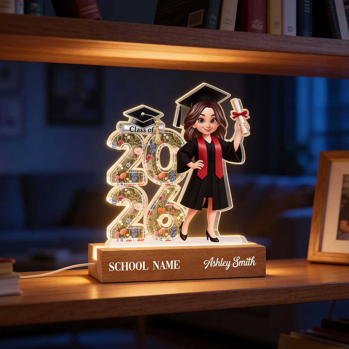 Class Of 2026 2027 Senior Floral - Personalized Acrylic Block LED Night Light - Graduation Gift For Graduates, Daughter
