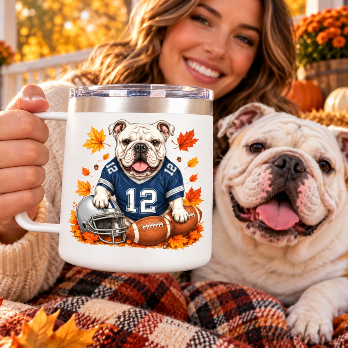 Trending Football Dog Cat Upload Photo - Personalized Stainless Steel Tumbler With Handle - Fall Season Gift For Man, Woman