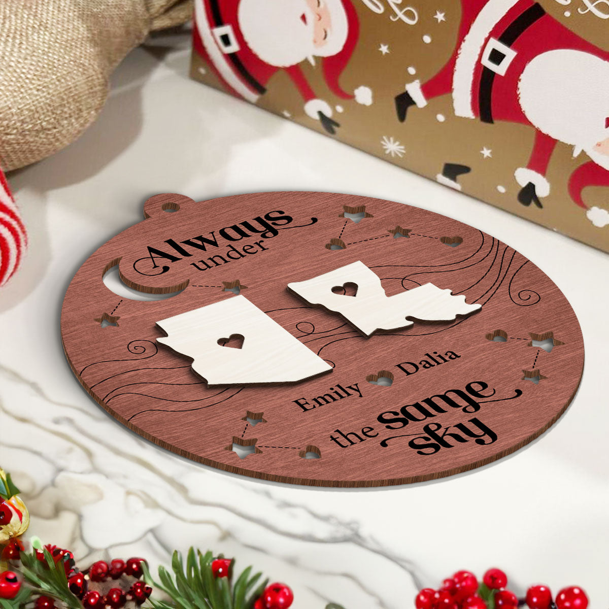 Always Under The Same Sky, Christmas Gifts for Boyfriend Girlfriend Personalized 2-Layered Wooden Ornament, Long Distance Relationship Gift