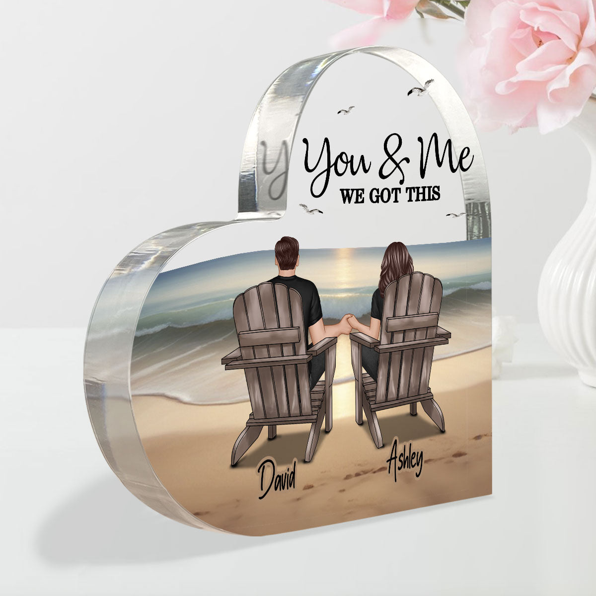 Eternal Beach Landscape Couple Sitting Personalized Heart Acrylic Block Plaque, Heartfelt Gift For Couple, For Him, For Her, Boyfriend, Girlfriend, Husband, Wife