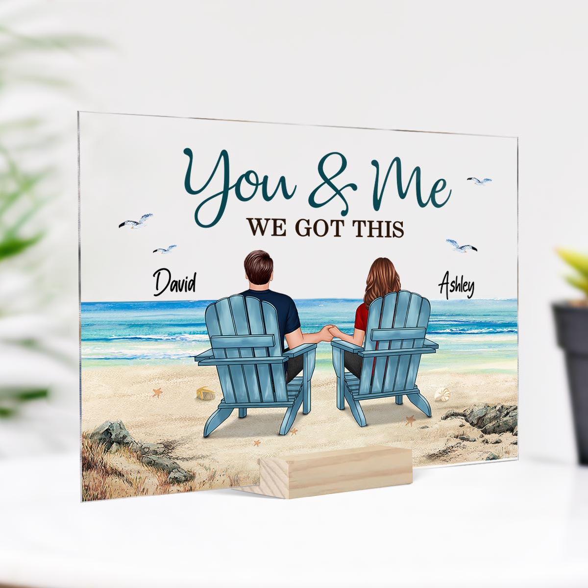 Back View Couple Sitting Beach Landscape Personalized Acrylic Plaque
