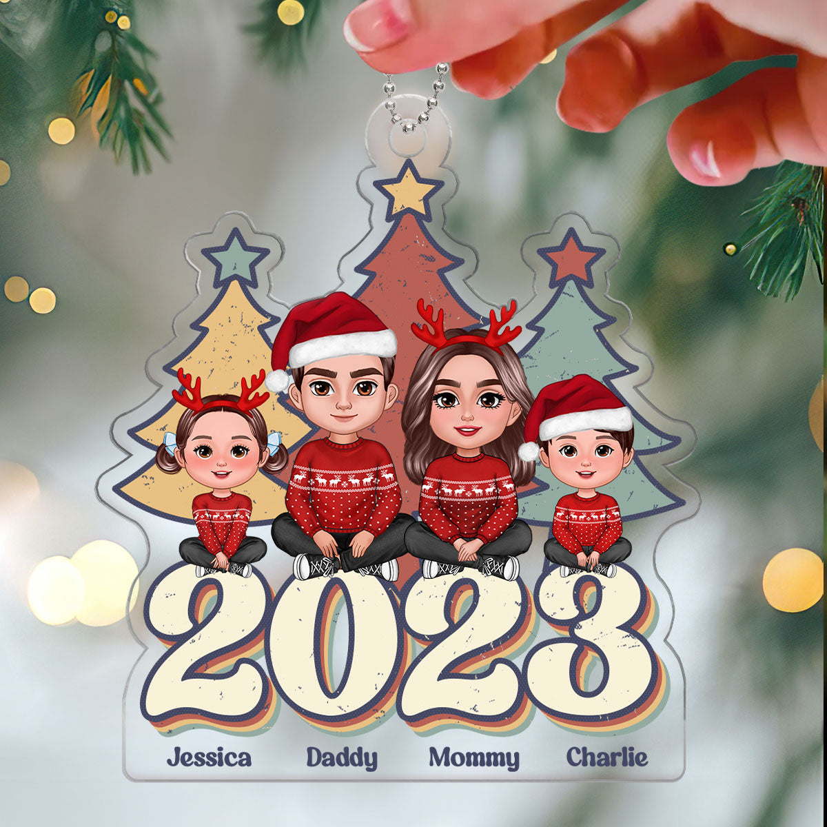 Vintage Christmas Tree Family Sitting Personalized Acrylic Ornament