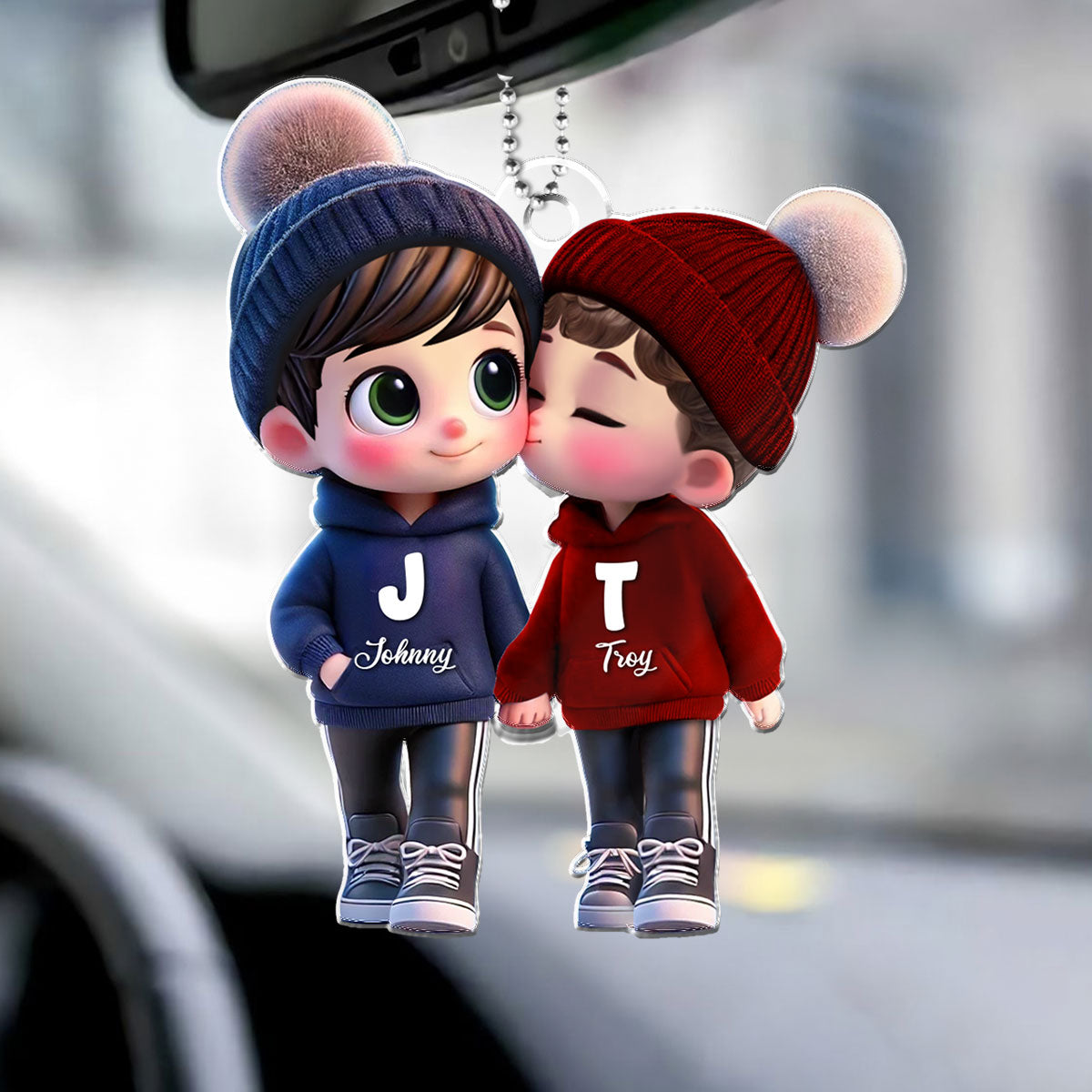 3D Effect Cute LGBTQ Cartoon Couple Summer Vibe Personalized Acrylic Car Ornament, Pride Month Gift
