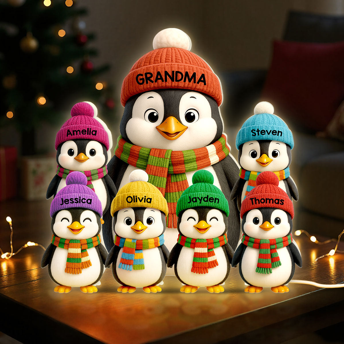 3D Effect Heartwarming Christmas Penguins Grandma Grandkids - Personalized Light Box