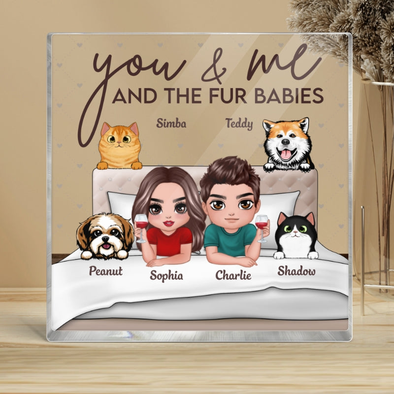 Couple And Fur Babies On Bed Personalized Acrylic Block Plaque