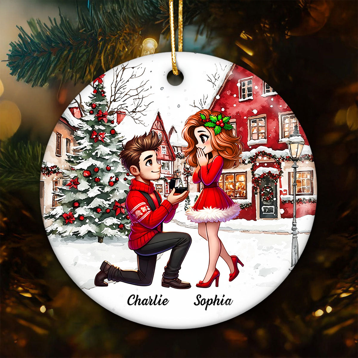 Snowy Scene Couple Marriage Proposal Personalized Ceramic Ornament, Custom Just Engaged Christmas Gifts for Couples