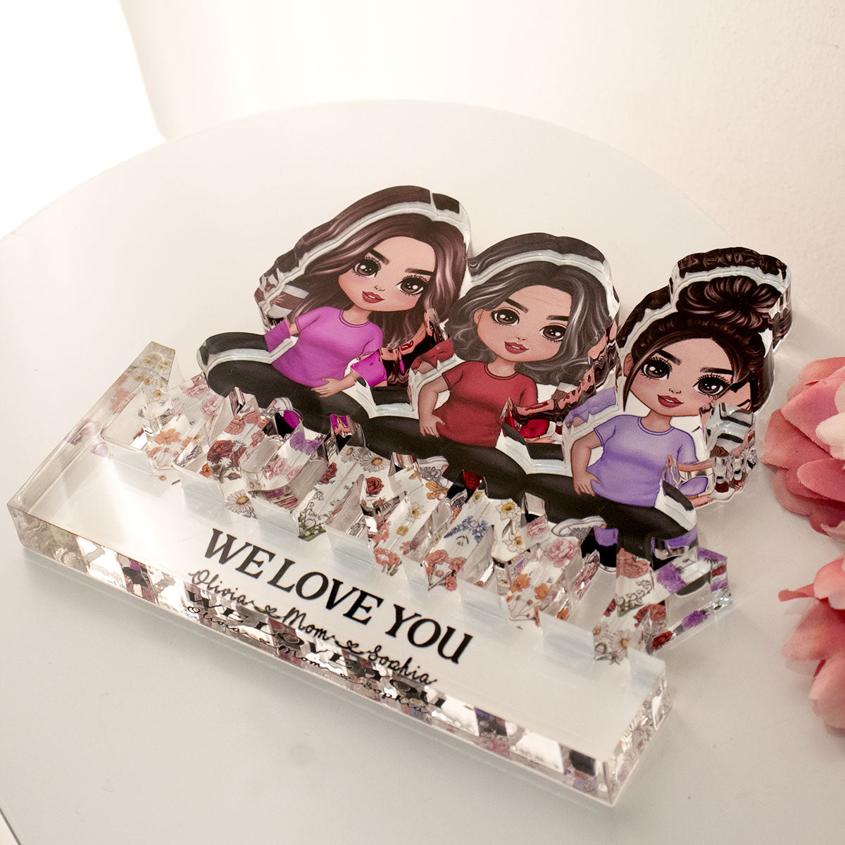 Mom And Daughters Sitting On Word Vintage Flowers Personalized Acrylic Block Plaque