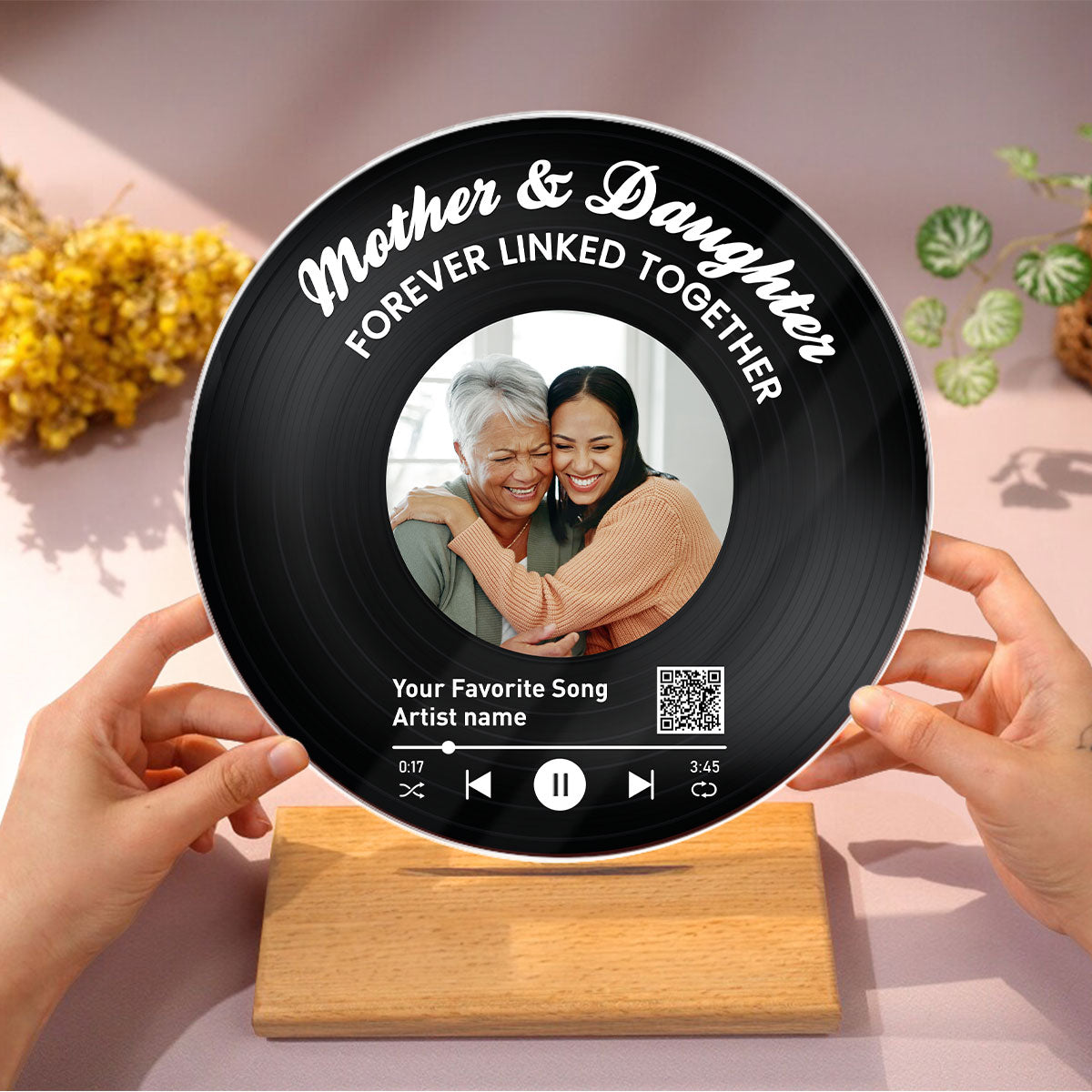 Mother Daughter Forever Linked Together Personalized Vinyl Record with Photo, Acrylic Song Plaque, Gift for Mom
