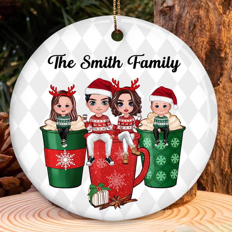 Doll Family Sitting On Christmas Beverage Personalized Circle Ornament