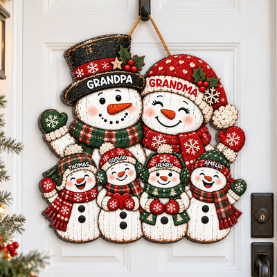 Festive Snowman Grandpa Grandma Grandkids - Personalized Wood Sign - Christmas Decor For Grandparents