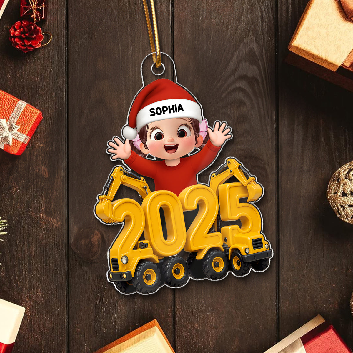 3D Effect Happy Kid With Excavator Numbers - Personalized Acrylic Ornament - Christmas Gift For Kids, Grandkids, Granddaughter, Grandson