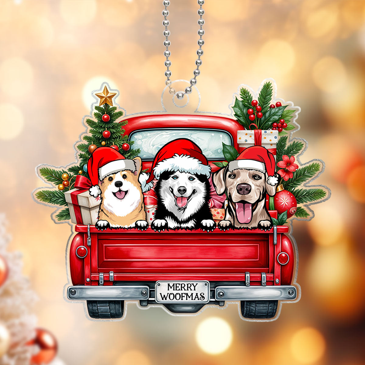 Merry Woofmas Dogs On Truck Personalized Acrylic Ornament, Christmas Gift For Dog Mom Dog Dad