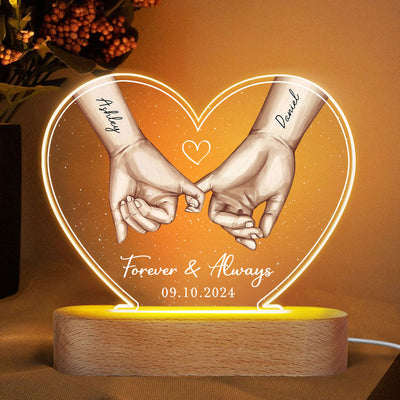 Personalized Couple Hands Pinky Promise Acrylic Heart LED Night Light,  gift, Anniversary Gift for Couples