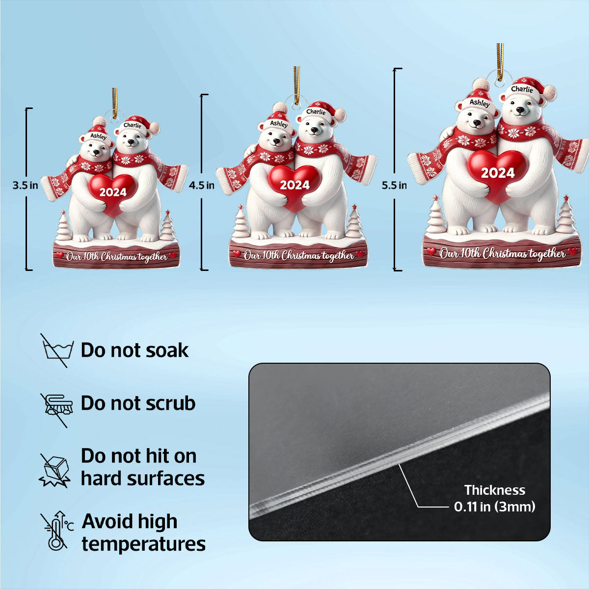 3D Effect Polar Bears Couple Christmas Personalized Ornament, Christmas Gift For Him, For Her