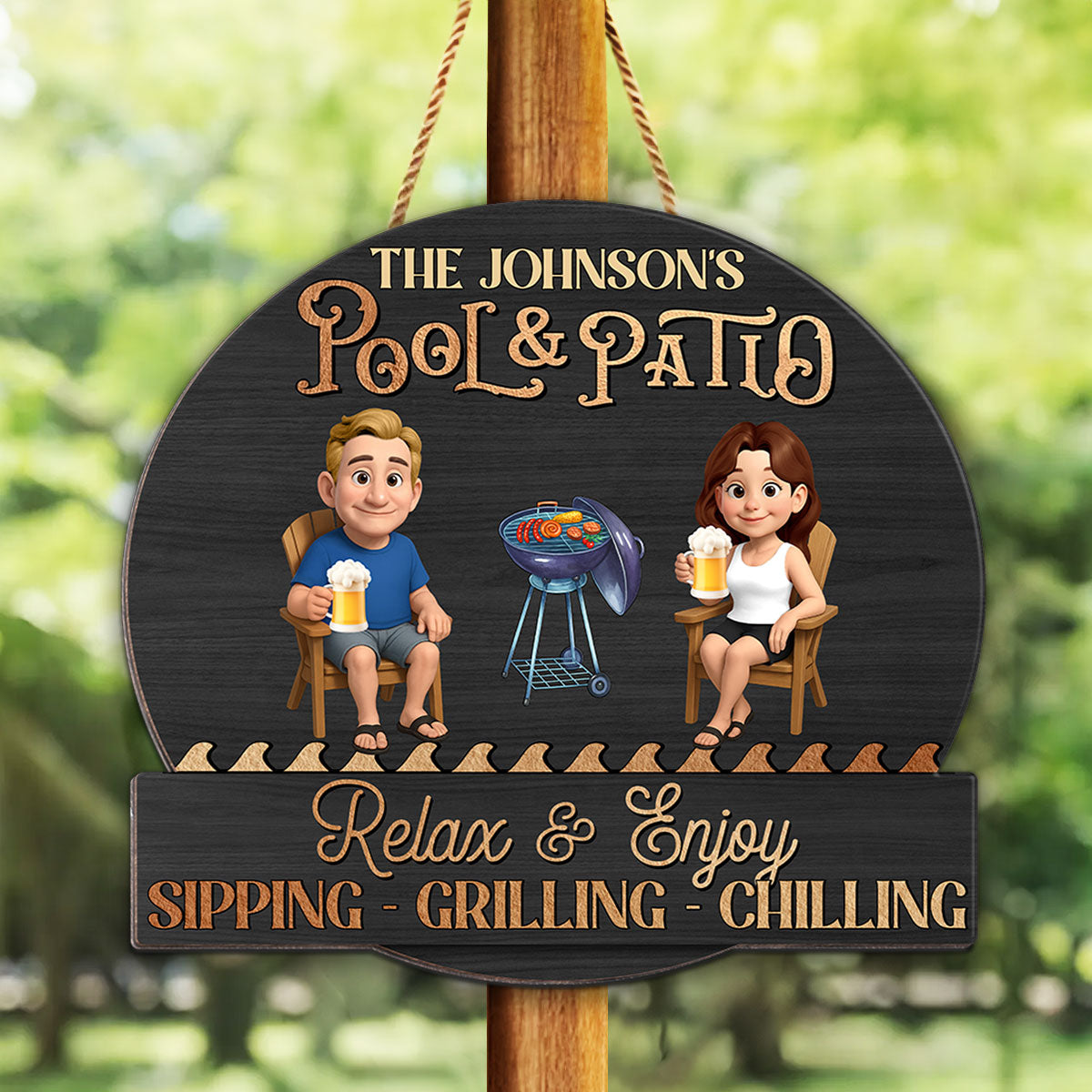 Summer Couple Pool & Patio Sipping Chilling - Personalized Custom Shaped Wood Sign