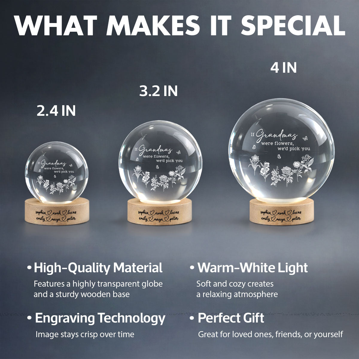 If Grandmas Were Flowers We'd Pick You - Personalized Crystal Ball LED Night Light - Mother's Day Gift for Grandma, Mom