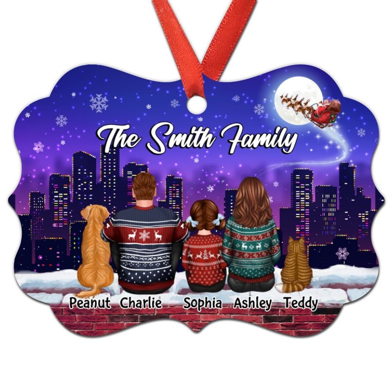 Family Dad Mom Kids Dogs Cats Sitting Skyline Night Personalized Christmas Ornament