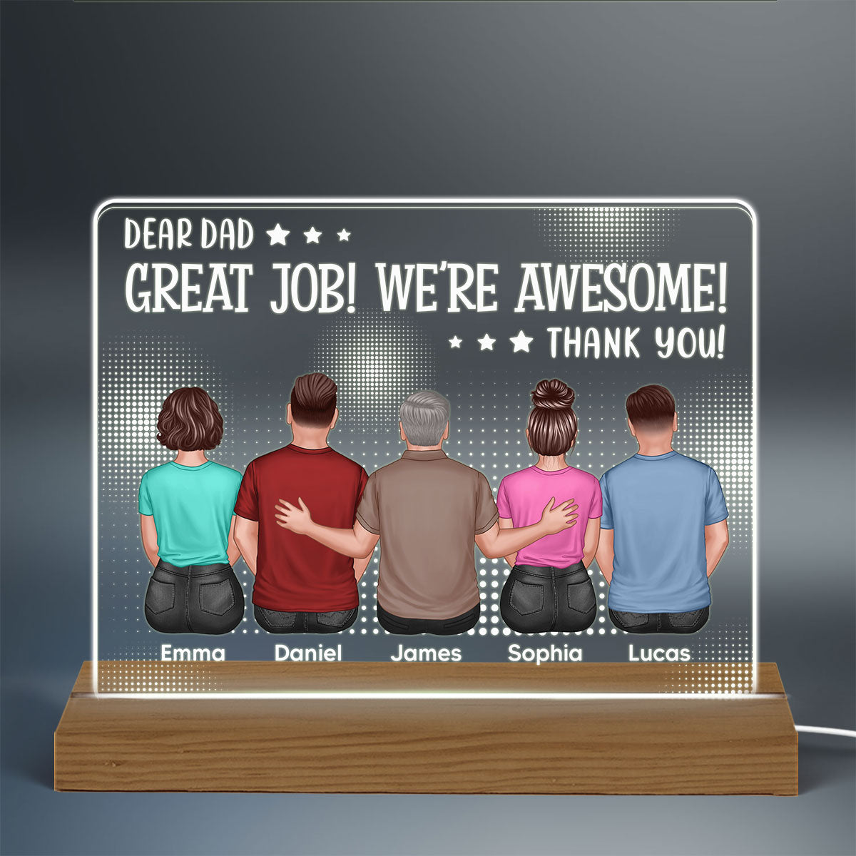 Dear Dad Great Job We‘re Awesome Back View Dad And Daughters Sons Sitting Personalized Custom Shape Acrylic Plaque Warm LED Night Light