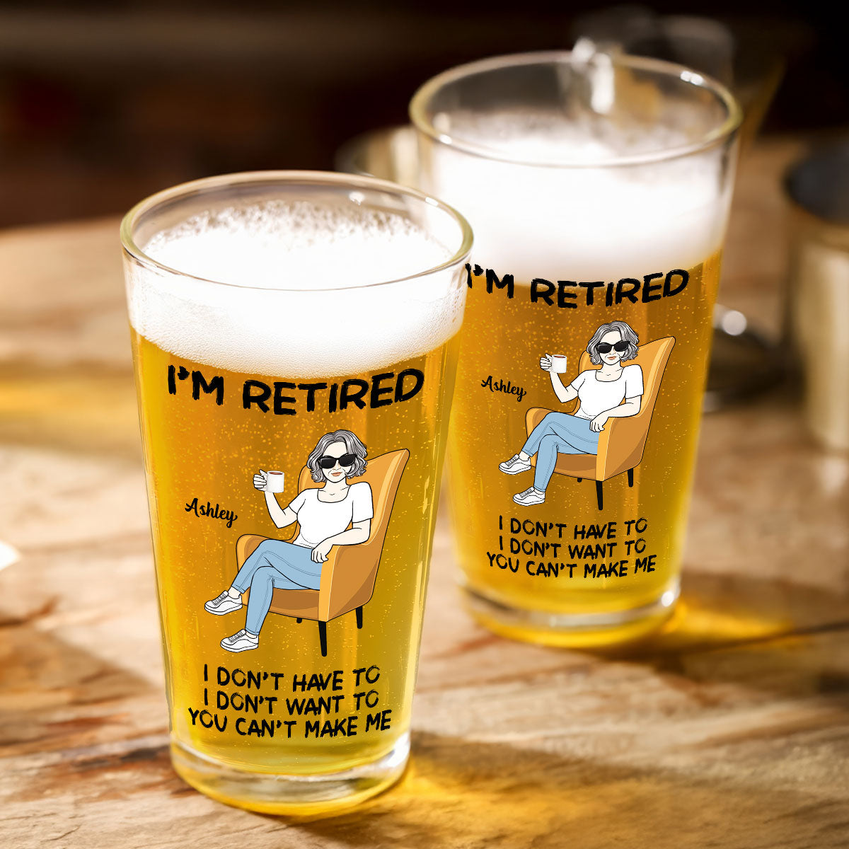 Woman Man Sitting I‘m Retired You Can’t Make Me Personalized Beer Glass, Retirement Gift