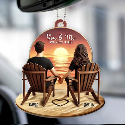 3D Effect Couple Beach Landscape Retro Vintage Personalized Car Hanger, Anniversary Gift For Couple