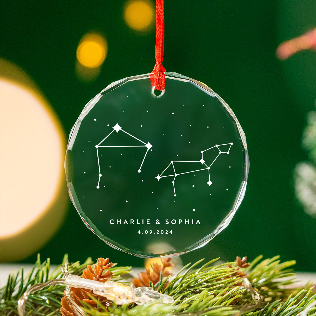 Zodiac Sign Stars Couple Personalized Glass Ornament, Christmas Gift