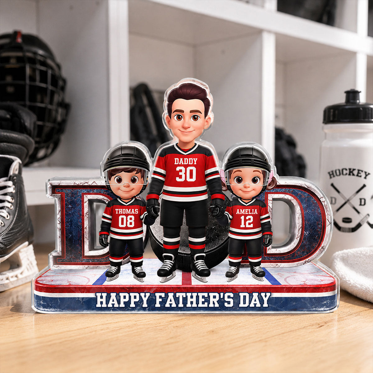 Hockey Dad And Kids Together Front View - Personalized Acrylic Block Plaque - Father's Day Gift For Dad, Husband