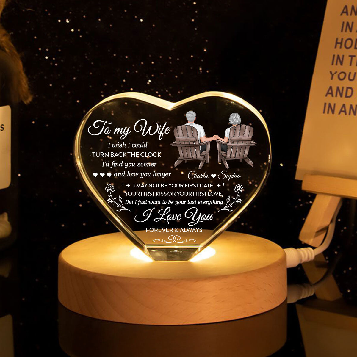 To My Wife I Wish I Could Turn Back The Clock Premium Crystal Heart LED, Heartfelt Personalized Couple Anniversary Gift For Couple, Last-minute Valentine's Gift For Her, For Wife, FREE DELIVERY