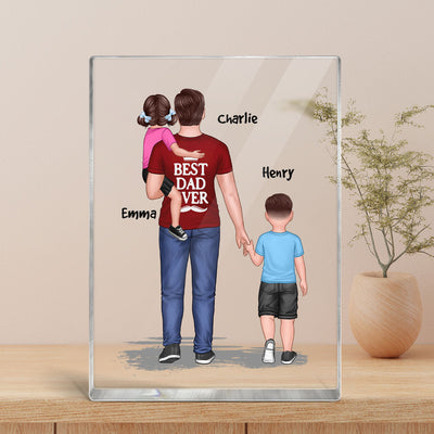 Dad Holding Kids Back View Personalized Vertical Recangle Acrylic Block Plaque
