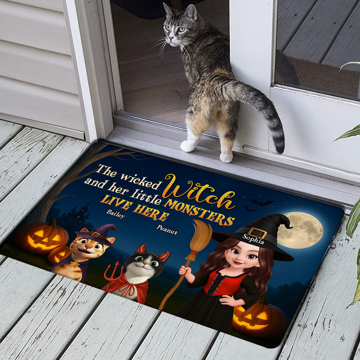 Spooky Halloween Theme Wicked Witch And Monsters Cats Personalized Doormat