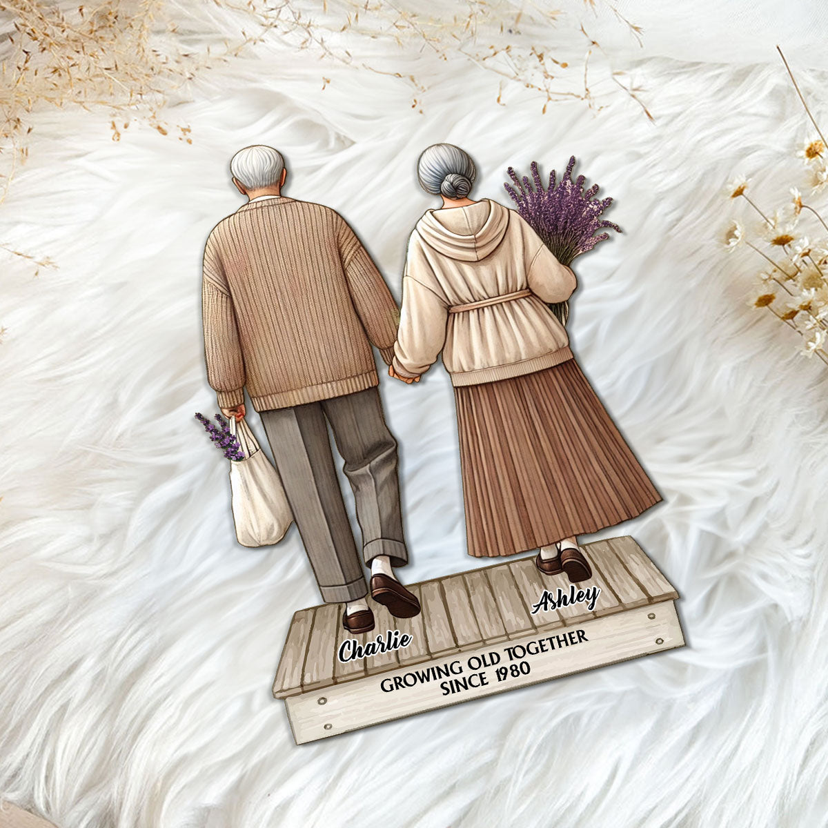 Old Couple Holding Hands Walking Personalized Standing Wooden Plaque