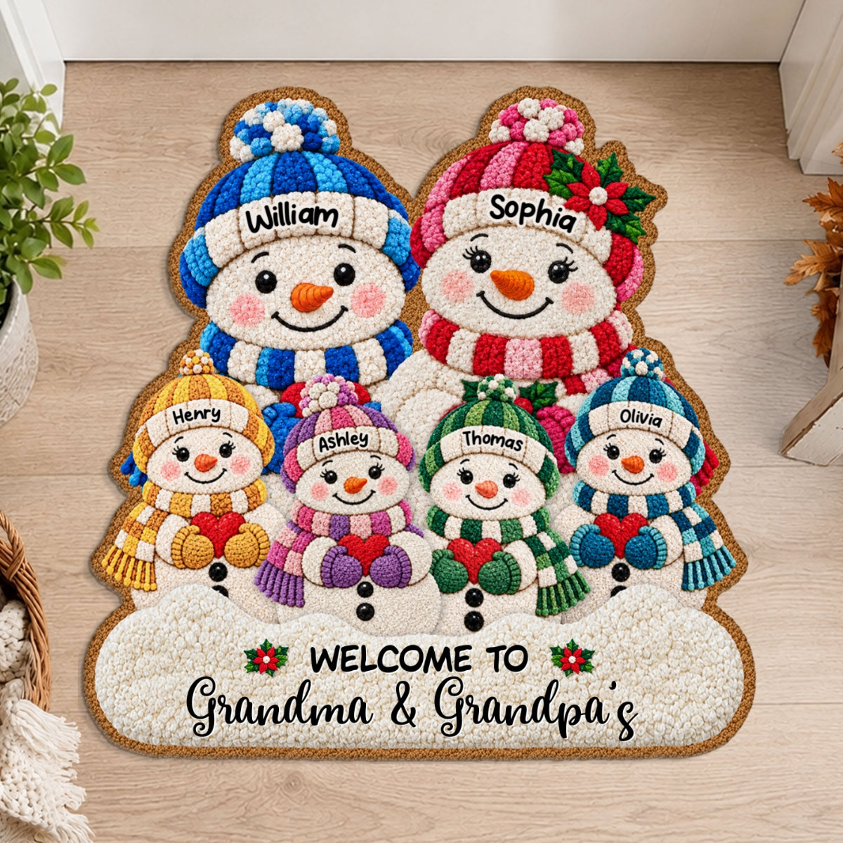 Cute Snowman Grandparents & Grandkids 2D Flat Printed - Personalized Doormat - Christmas Decor For Grandparents, Family