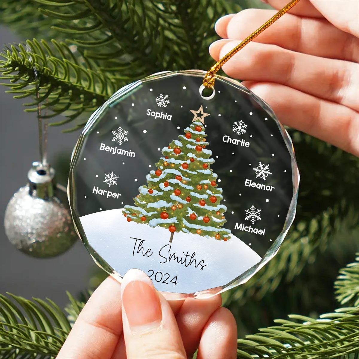 Watercolor Christmas Tree Family Names Personalized Glass Ornament