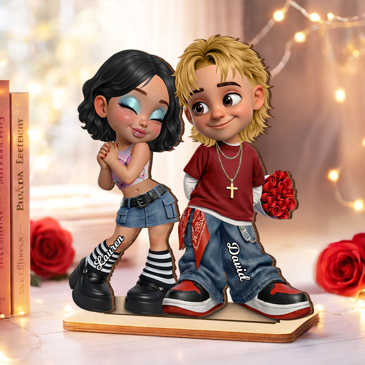 Trendy Y2K Couple - Personalized 2-Layered Wooden Plaque - Heartfelt Valentine's Day Gift For Him, Gift For Her