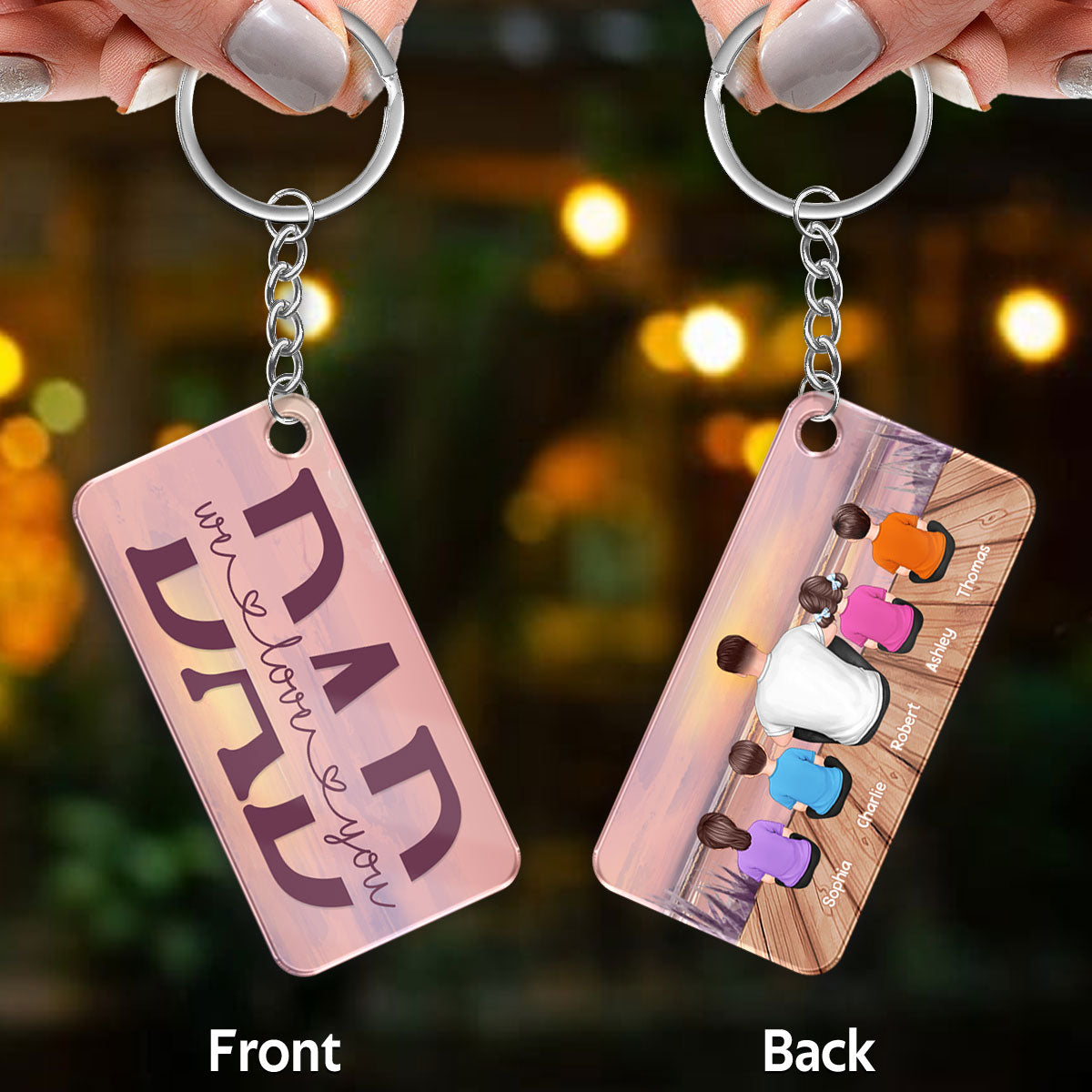 Dad And Kids Back View Lake Sunset Personalized Acrylic Keychain