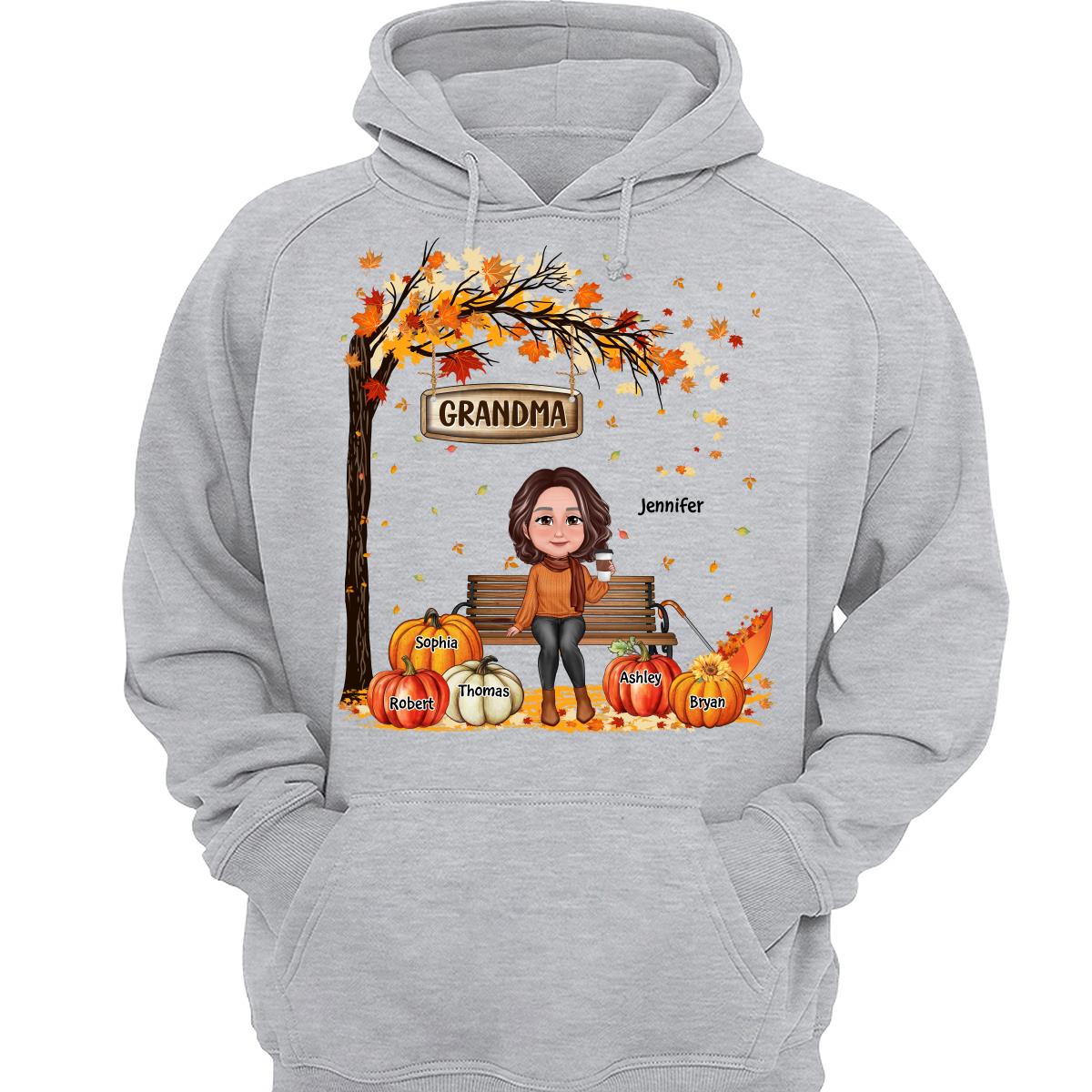 Grandma Mom Sitting On Bench Under Tree Fall Season Personalized Shirt