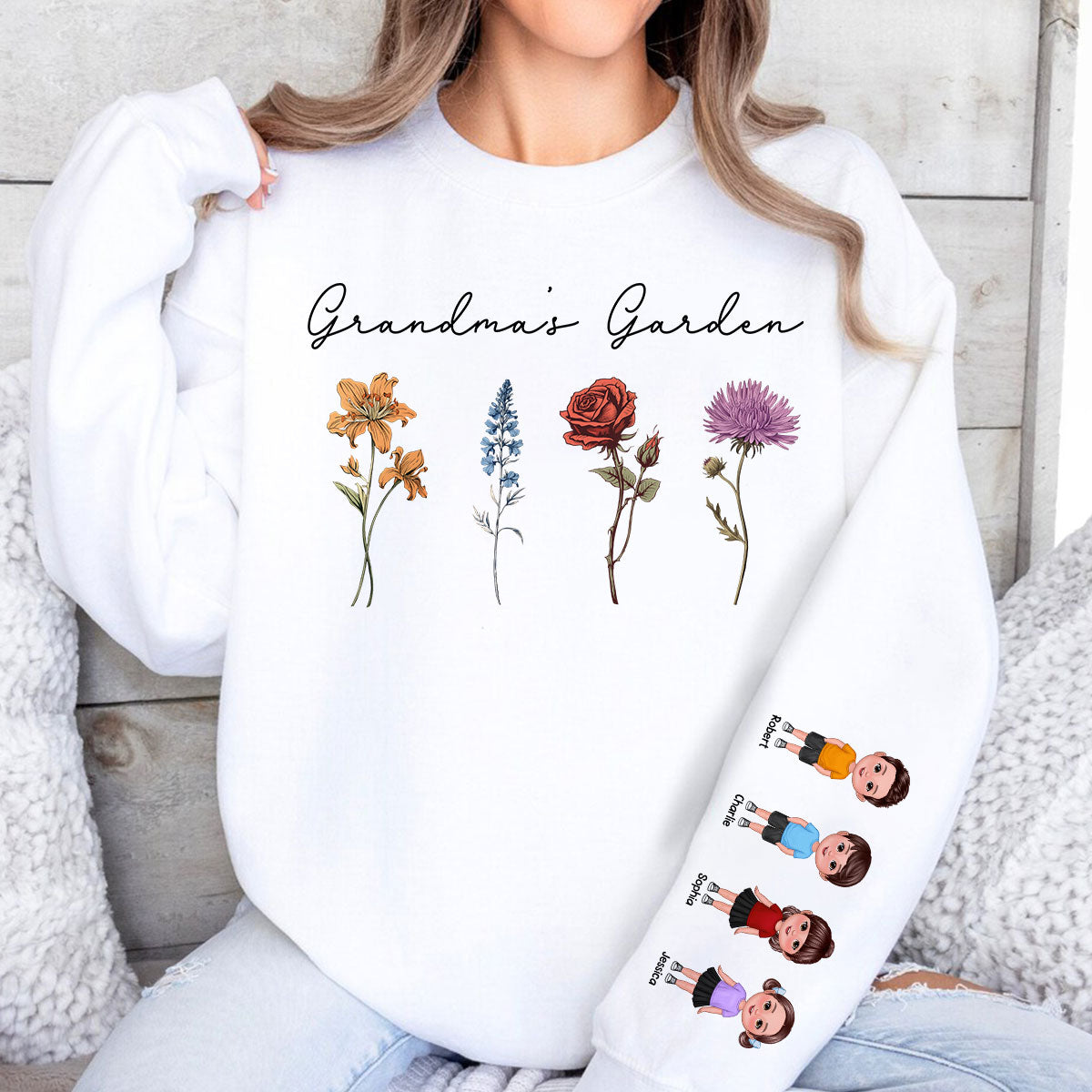 Grandma's Garden Kids On Sleeve, Custom Birthflower Sweatshirt, Gift for Grandma, Love Grows Here, Mom's Garden, Gift, Personalized Sleeve Printed Sweatshirt