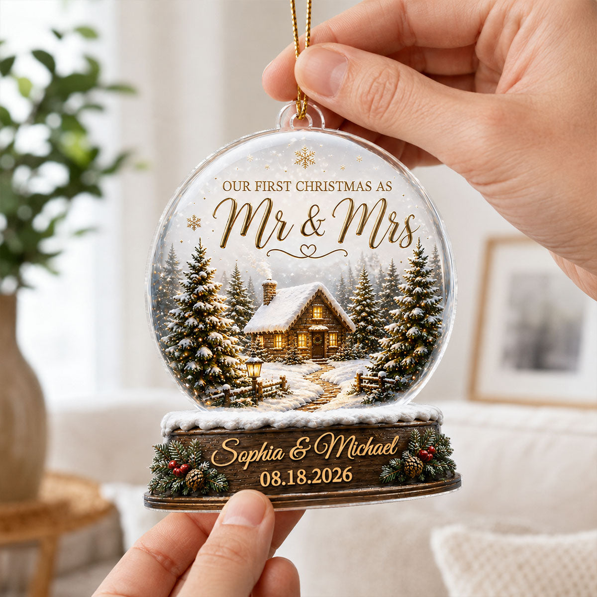 First Christmas Married - Personalized Acrylic Ornament - Custom Mr and Mrs Keepsake, Winter Cabin Ornament, Newlywed Gift