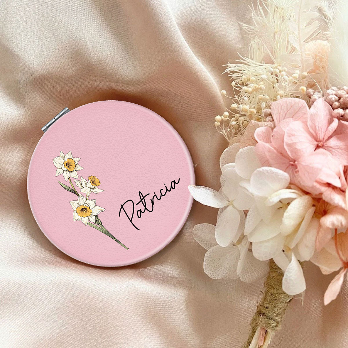 Beautiful Birth Month Flower Personalized Circle Compact Mirror, Birthday Gift