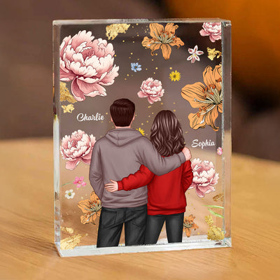 Couple Hugging Back View Birth Month Flower Personalized Acrylic Block Plaque, Heartfelt 2025  Gift, Anniversary Gift For Girlfriend, For Wife