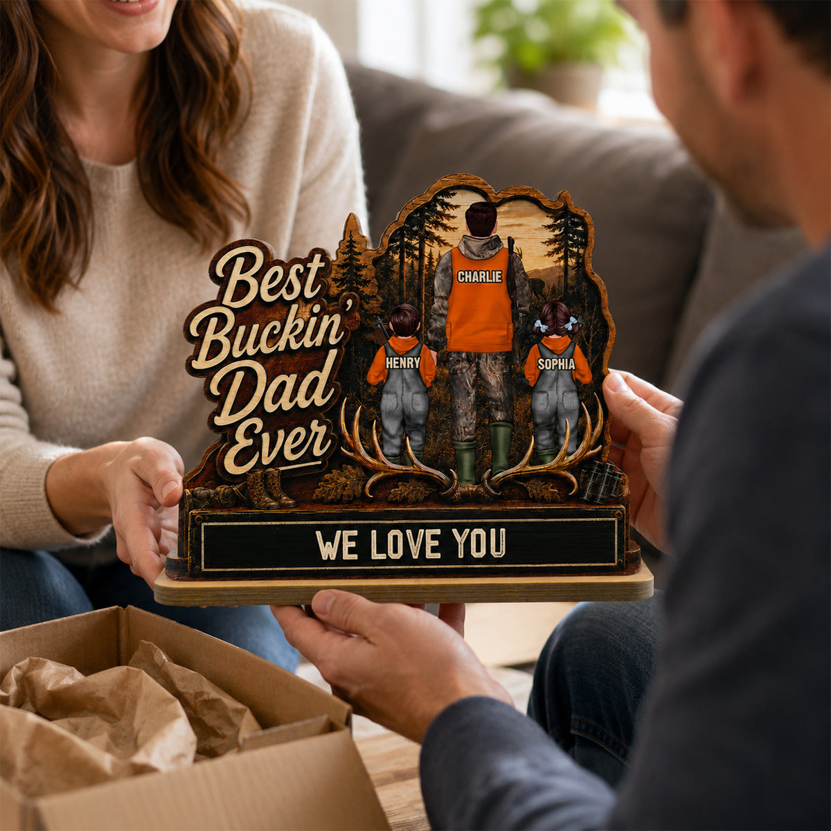 Best Buckin' Dad Papa Ever Hunting Man & Kids 2D Flat - Personalized 2-Layered Wooden Plaque - Father's Day Gift For Hunting Dad, Grandpa
