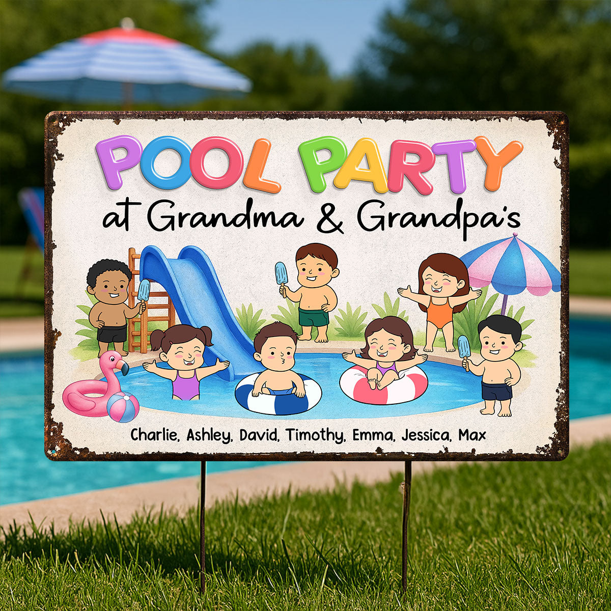 Funny Cartoon Kids Pool Party At Grandma Grandpa Personalized Metal Sign